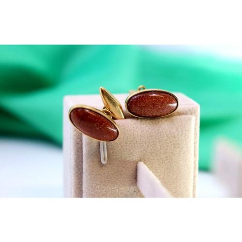 Gold Cufflinks with Oval Brown Stone, Set of 2 For Sale - Image 3 of 8