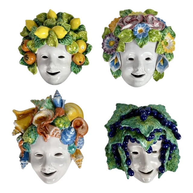 1970 Italian Nd Dolfi Ceramic Four Seasons Wall Masks – Set of 4 For Sale