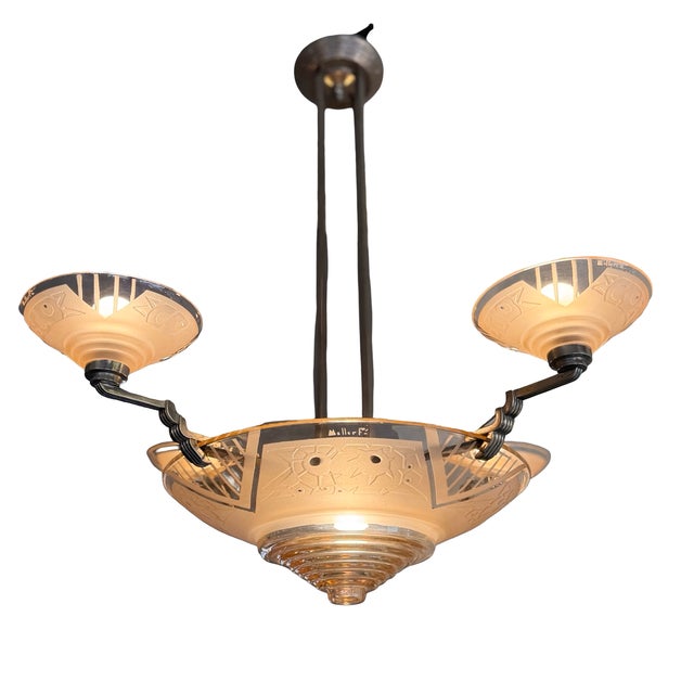 Art deco chandelier, sandblasted salmon and polished clear, signed müller frès lunéville circa 1930 mixed glass technique:...