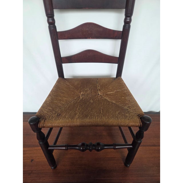 Antique American Hand-Turned Ladder Back Chair W/ Woven Rush Seat For Sale - Image 4 of 10