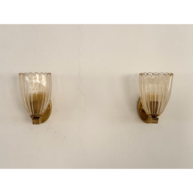 Art Deco Italian Brass and Murano Glass Wall Lights, 1990s, Set of 2 For Sale - Image 3 of 14