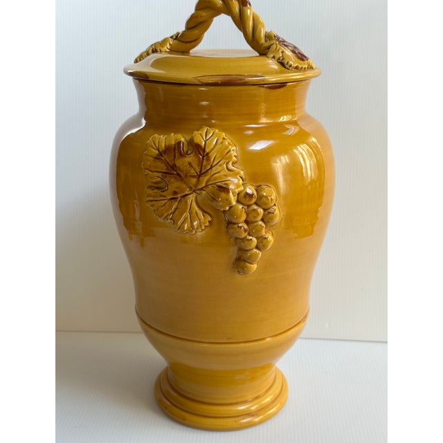 1980s 1980s Arte Italica "Sole Mustard" Collection Ceramic 15" Tall Yellow Jar With Lid Greaps and Leaves Design Made in Italy For Sale - Image 5 of 18