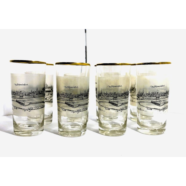 Vintage Gold Rim European Cityscape Highball Glasses – Set of 8 Schweinfurt Frosted Mid-Century Barware For Sale - Image 10 of 12