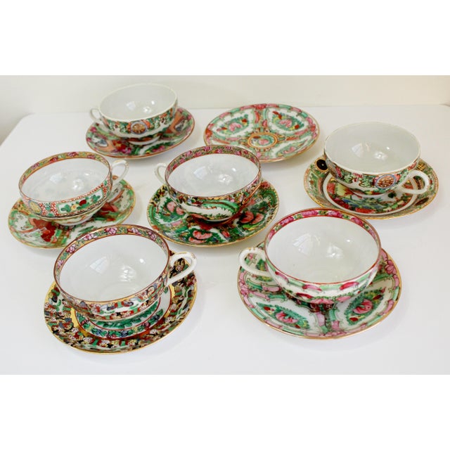 Metal Vintage Large Famille Rose Medallions Set Salad Bowl, Oval Platter, Tea Cups & Saucers, Mini Sake/Rice Bowls Set - 19 Pieces For Sale - Image 7 of 13