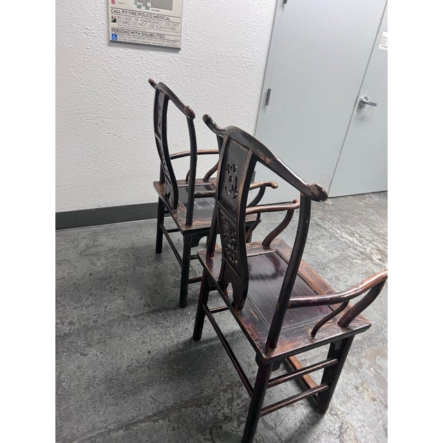 Antique Chinese Qing Dynasty Elmwood Armchairs, Pair For Sale In San Francisco - Image 6 of 12