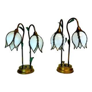 1950s Vintage Art Nouveau Brass-Glass Tulip and Tole Leaf Table Lamps - A Pair. For Sale