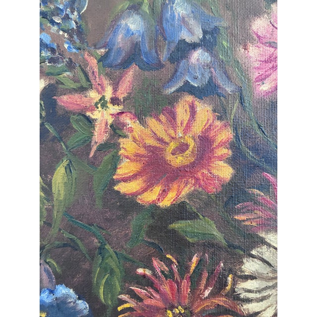 Vintage Original Floral Oil Painting With Blue and White Vase For Sale - Image 4 of 15