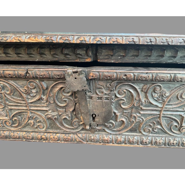 Impressive antique carved wooden cassone-style storage chest or blanket trunk, featuring elaborate Renaissance Revival-...