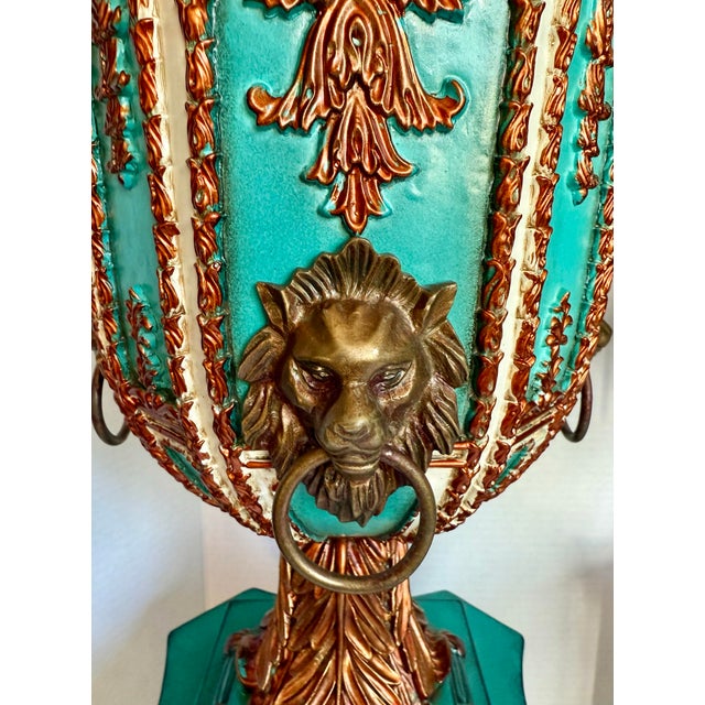 Pair Lam Lee Group Neoclassical Style Turquoise & Copper Lidded Urn Mantel Vases For Sale - Image 4 of 12