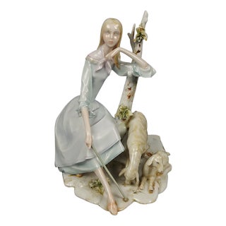 Porcelain Sculpture of Shepherdess with Sheep from Creazioni Fabiola, 1950s For Sale