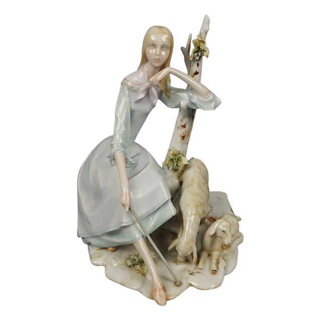Porcelain Sculpture of Shepherdess with Sheep from Creazioni Fabiola, 1950s For Sale
