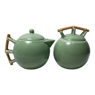 Vintage Asian Celadon Crackled Glaze Porcelain Set Lidded Tea Pot and Tea Caddy With Bamboo Handles- Set of 2 For Sale