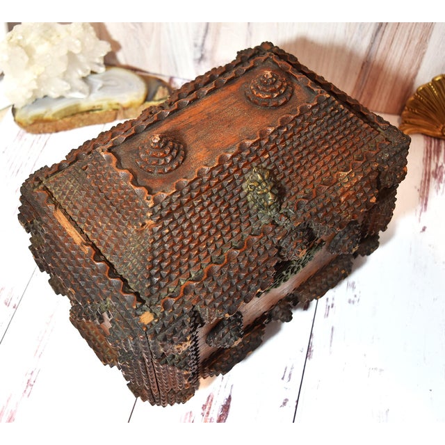 Antique Tramp Art Box With Velvet Interior and Mirror Secret Spot For Sale - Image 10 of 18