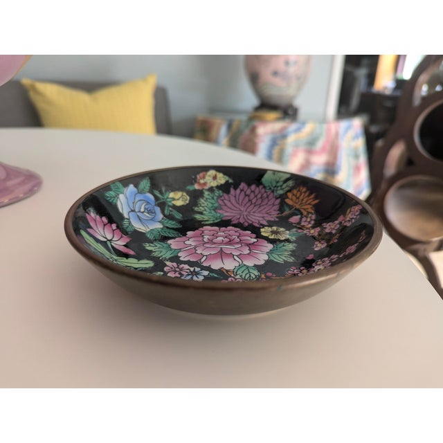 Vintage Chinese Enamel Ceramic and Brass Decorative Bowl Wall Hanging For Sale In Charlotte - Image 6 of 8
