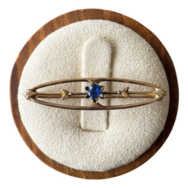 Antique Edwardian 10k Yellow Gold Bar Pin Brooch With Blue Stone-Floral Leaf Motifs For Sale