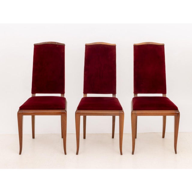 Set of Six Jean-Michel Frank Style Art Deco Dining Chairs, each with red velvet upholstered seat and back and cherry wood...