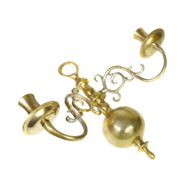 Vintage Tall Solid Brass Wall Mounted Sconces Double Candle Candlestick Holder - a Pair For Sale - Image 4 of 6