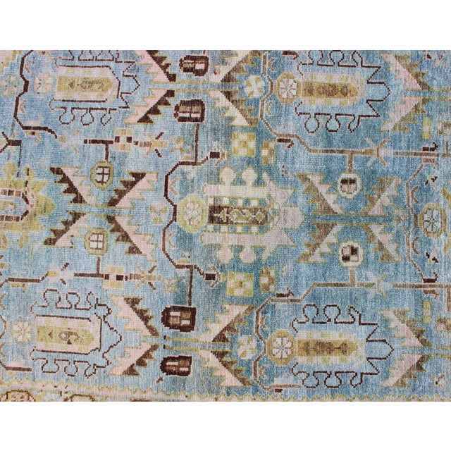 Antique Geometric Design Persian Malayer Rug in Light Blue, Pink, and Green For Sale - Image 9 of 13