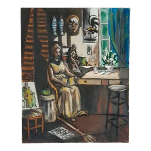 1950s Frederick Robbins Childs Original Oil Painting of a Seated Woman in an Interior with Still Lifes