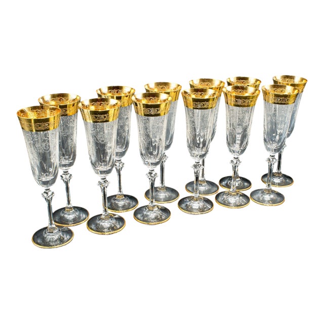 Set of 12 Vintage Champagne Flutes, Continental, Wine Glass, Gold Leaf, c.1980 For Sale