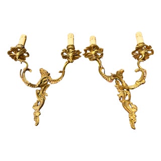 Large French Louis XV Style Rococo Revival Gilt Bronze Wall Sconces, 1880s, Set of 2 For Sale