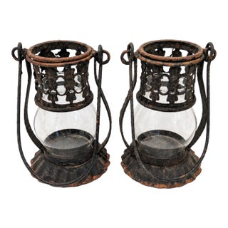 1920s Gothic Revival Pierced Metal and Glass Hanging Candle Lanterns, Pair For Sale