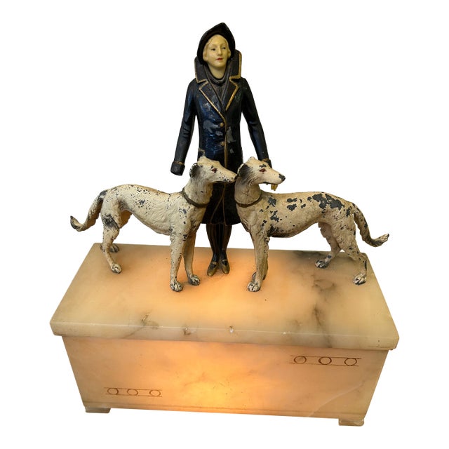 Art Deco Antique Illuminated Sculpture of Lady Walking Dogs For Sale