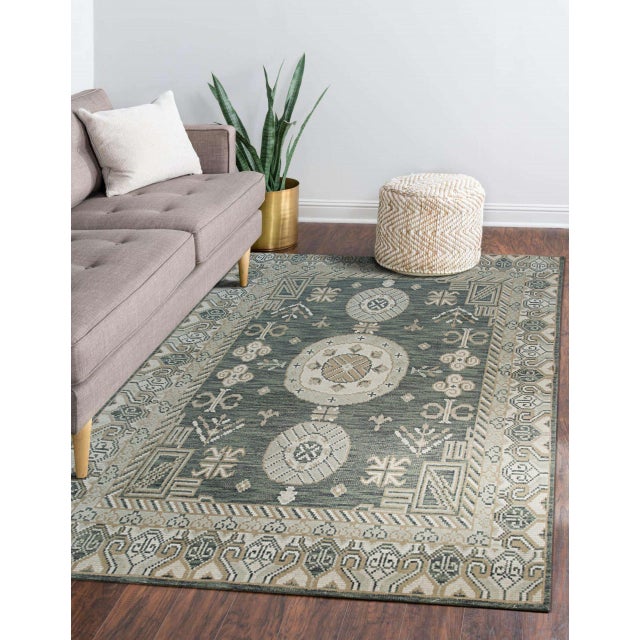 Indian 8x10 Rhea Traditional Green Medallion Modern Hand Knotted Wool Carpet Rug For Sale - Image 3 of 8