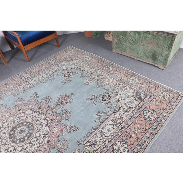 Versatile Vintage Hand-Knotted Light Blue Turkish Medallion Wool Rug - 6.9 X 10 Ft For Sale - Image 6 of 10