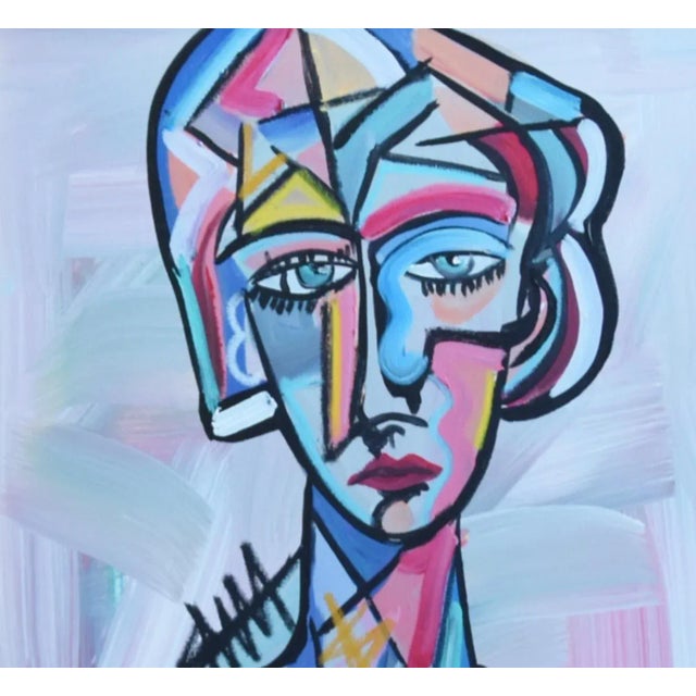 Contemporary Modern Listed Artist Cubism Portrait Oil Painting Including the Antiqued Gold Wood Frame For Sale In Los Angeles - Image 6 of 9