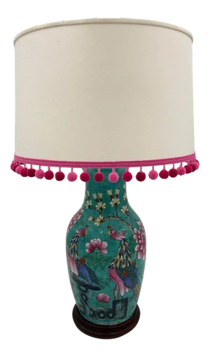 Antique Chinese Famille Rose Aqua Lamp With Samuel & Sons Trimmed Shade