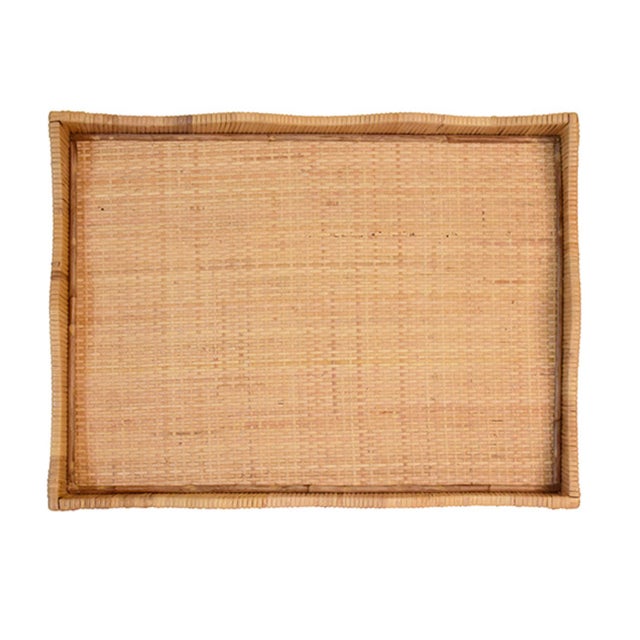2020s Matthew Izzo Home Wavey Large Scallop Edged Rectangle Rattan Tray For Sale - Image 5 of 7