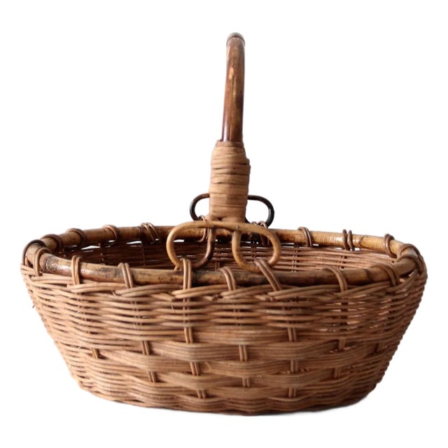 Vintage Woven Gathering Basket With Bamboo Handle For Sale