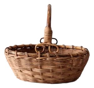 Vintage Woven Gathering Basket With Bamboo Handle