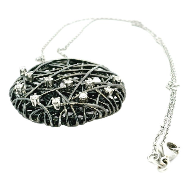 1980s Contemporary 18k Black Rhodium Gold Web Pendant Necklace With Diamonds For Sale
