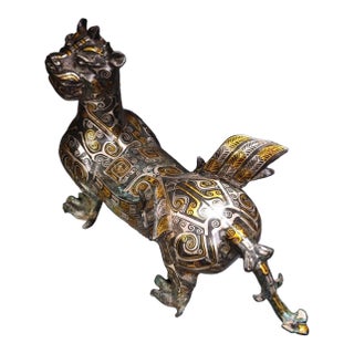 Late 19th Century Gilt Bronze Mythical Beast Figurine, Gold and Silver Inlay For Sale