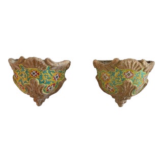 19th Century Sicilian Terra Cotta Majolica Hand Painted Wall Pockets - Set of 2 For Sale