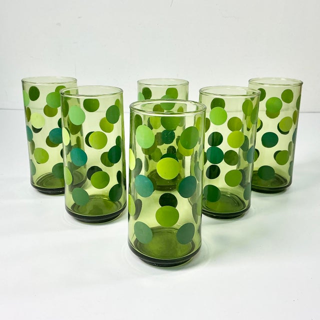 Mid-Century Boho Chic Modern Olive Polka Dot Tumbler Glassware - Set of 6 For Sale - Image 14 of 14