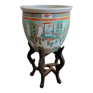 20th C Turquoise Aqua and Orange Porcelain Jardiniere Fish Bowl on Stand