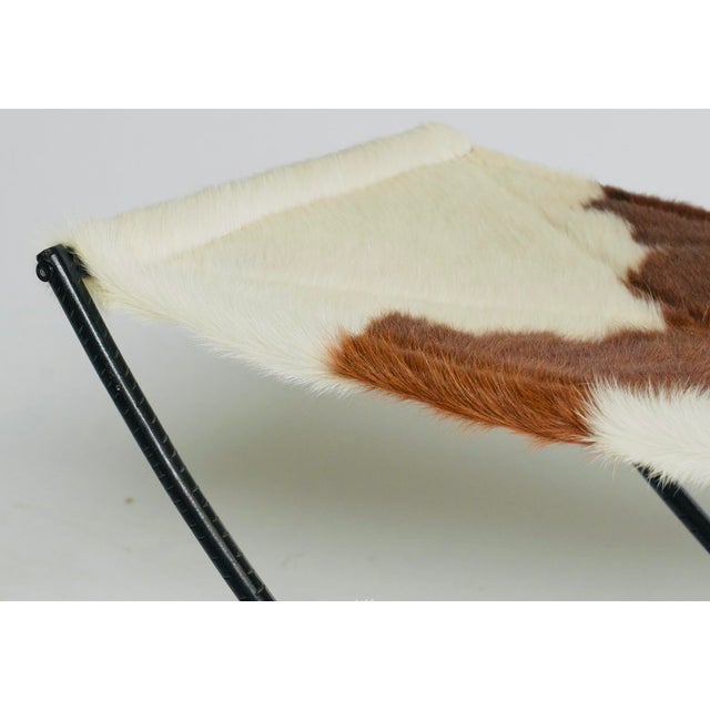 Brown & White Hair-on-Hide Sling Stool With Black Metal X-Base For Sale - Image 4 of 6