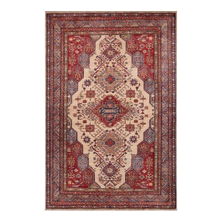 Shabby Chic Tribal Super Kazak Beige/Blue Wool Rug - 5'5'' X 8'1'' For Sale