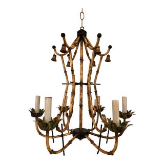 Vintage Faux Bamboo Chinoiserie Chandelier With Bells & Tortoiseshell Finish - Underwriters’ Laboratories For Sale