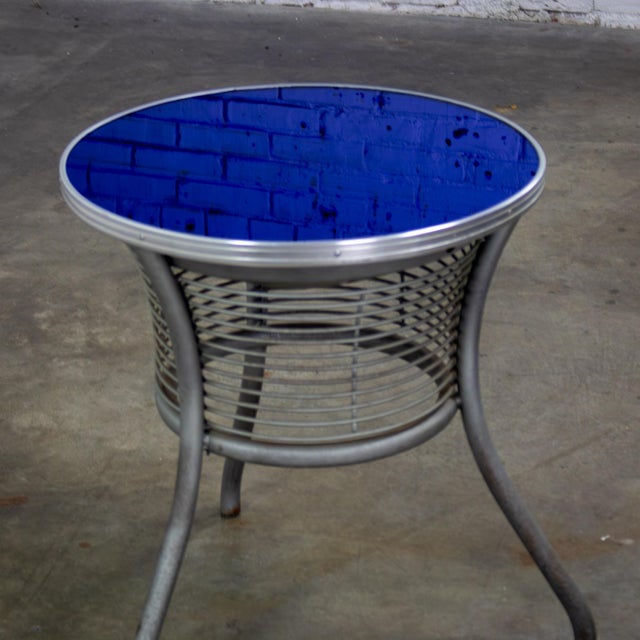 20th Century Streamline & Art Moderne End or Side Table W/ Steel Frame & Round Cobalt Blue Mirror Top For Sale - Image 14 of 18