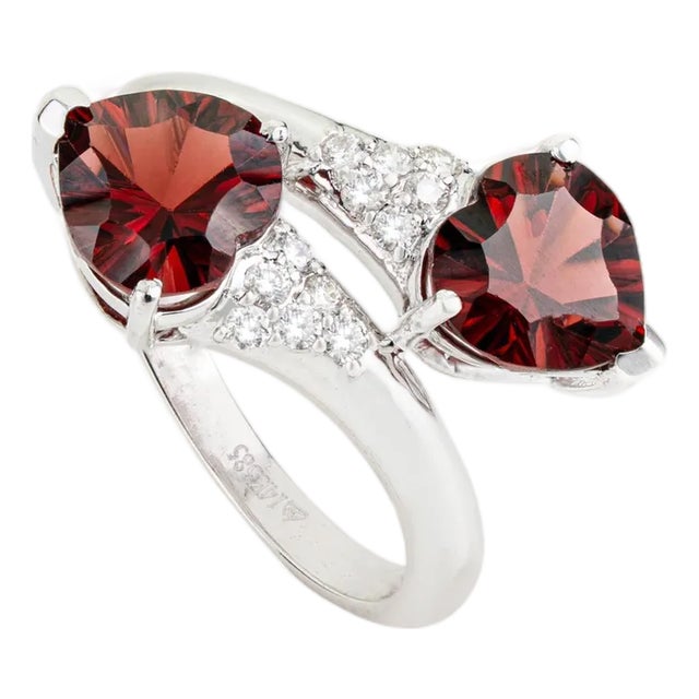 Chic 3.95ct Heart Shape Garnet Diamond Art Deco Bypass Ring Size 8 in 14k Gold For Sale