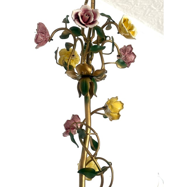 Metal Italian Metal and Porcelain Flower Chandelier, 1940s For Sale - Image 7 of 17