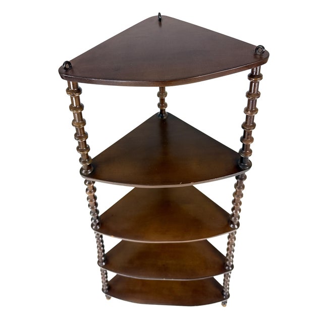 Antique 1900s Victorian 5-Tier Wooden Spool Corner Shelf W/ Eye-Screw Hooks for Hanging - 46" H Folk Art Handmade Curio Shelving Display For Sale In Philadelphia - Image 6 of 10