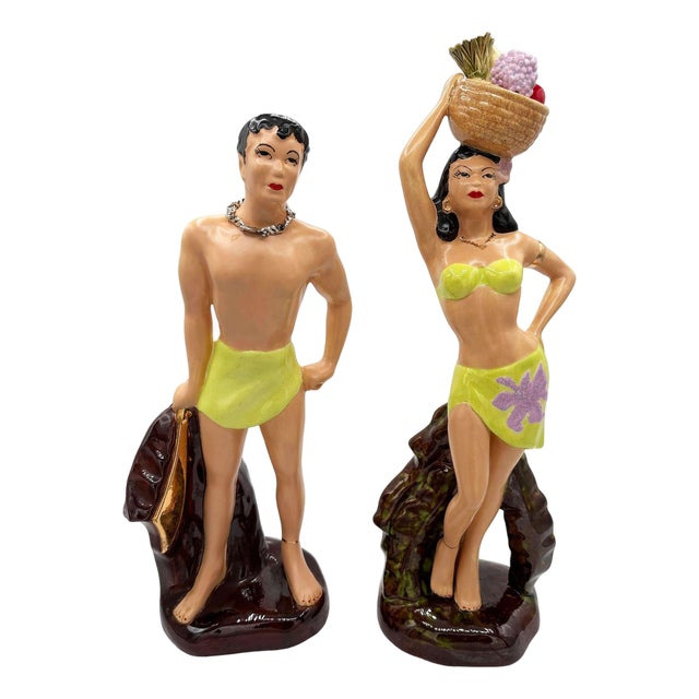 Mid 20th Century Hand Painted Hawaiian Hula Girl & Male Surfer Ceramic Statue Set For Sale