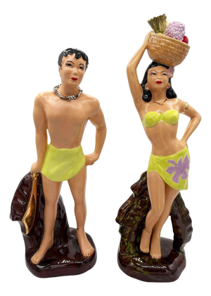 Mid 20th Century Hand Painted Hawaiian Hula Girl & Male Surfer Ceramic Statue Set