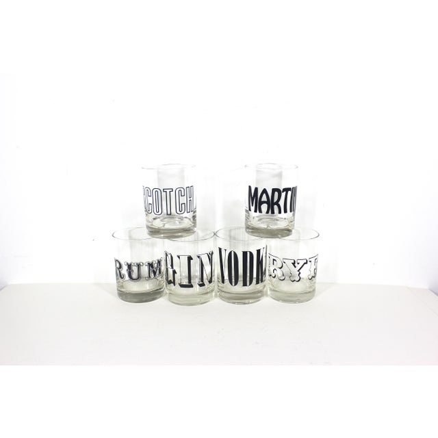 Mid 20th Century Vintage Typography Spirit Glasses, Low Ball Rocks, Cocktail Glass Set of 6 For Sale - Image 5 of 12