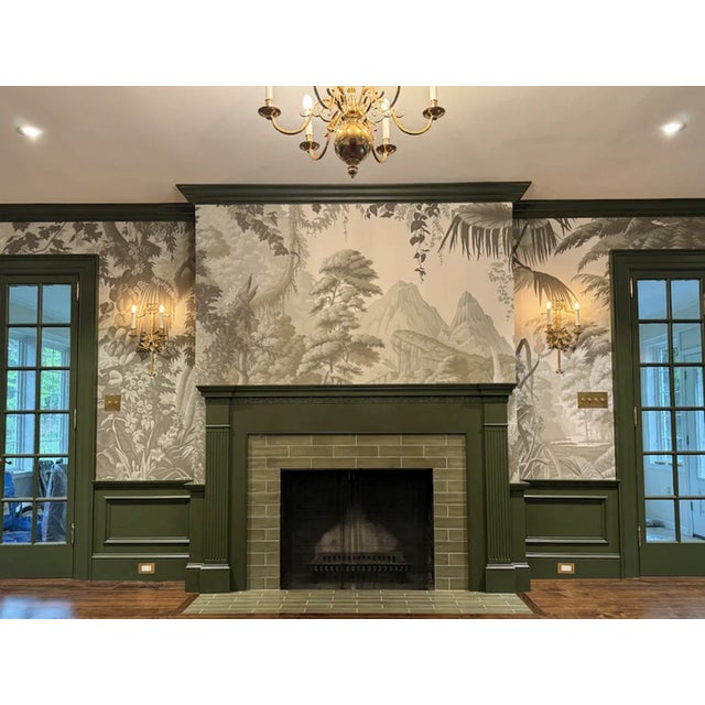 Beautiful hand‑painted panoramic mural capturing lush vintage exotic mountain jungle scenery. This detailed artwork...